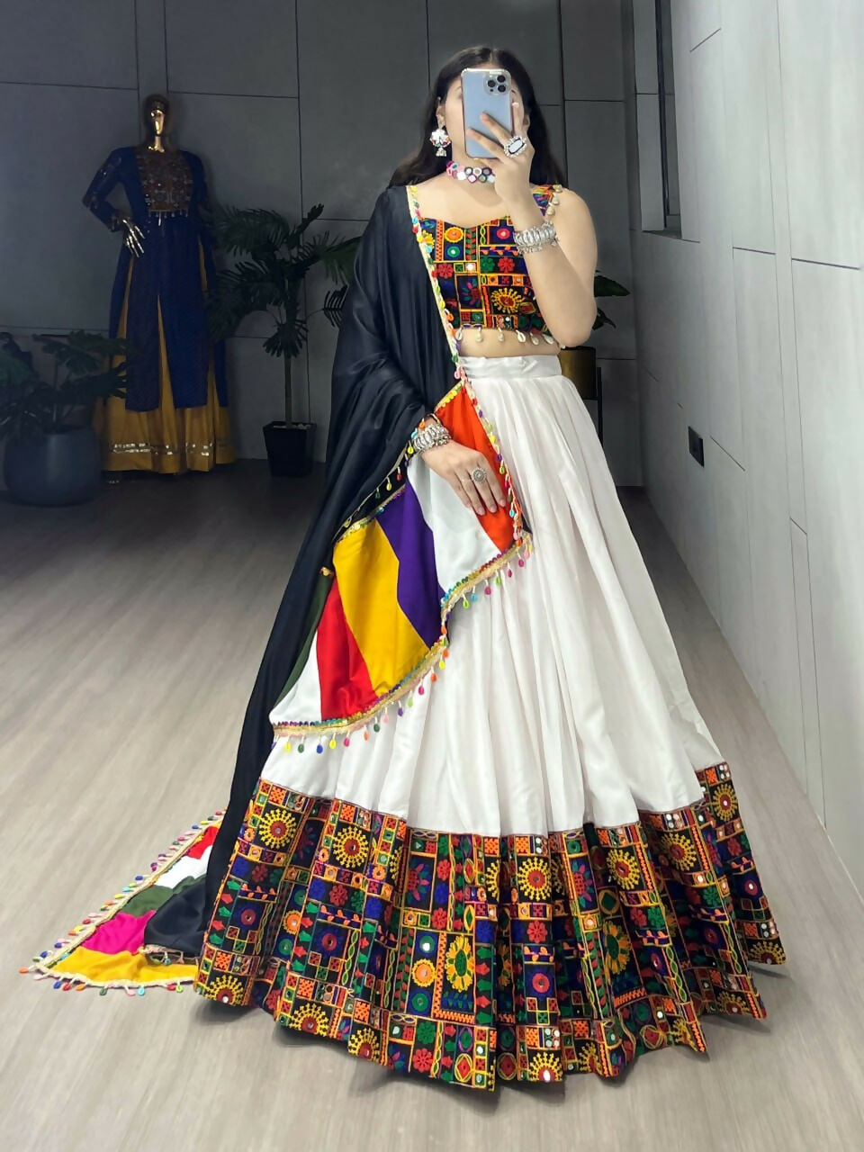 Yash Enterprise White Rayon Cotton Embroidery Semi Stitched Navratri Chaniya Choli | Grocsy