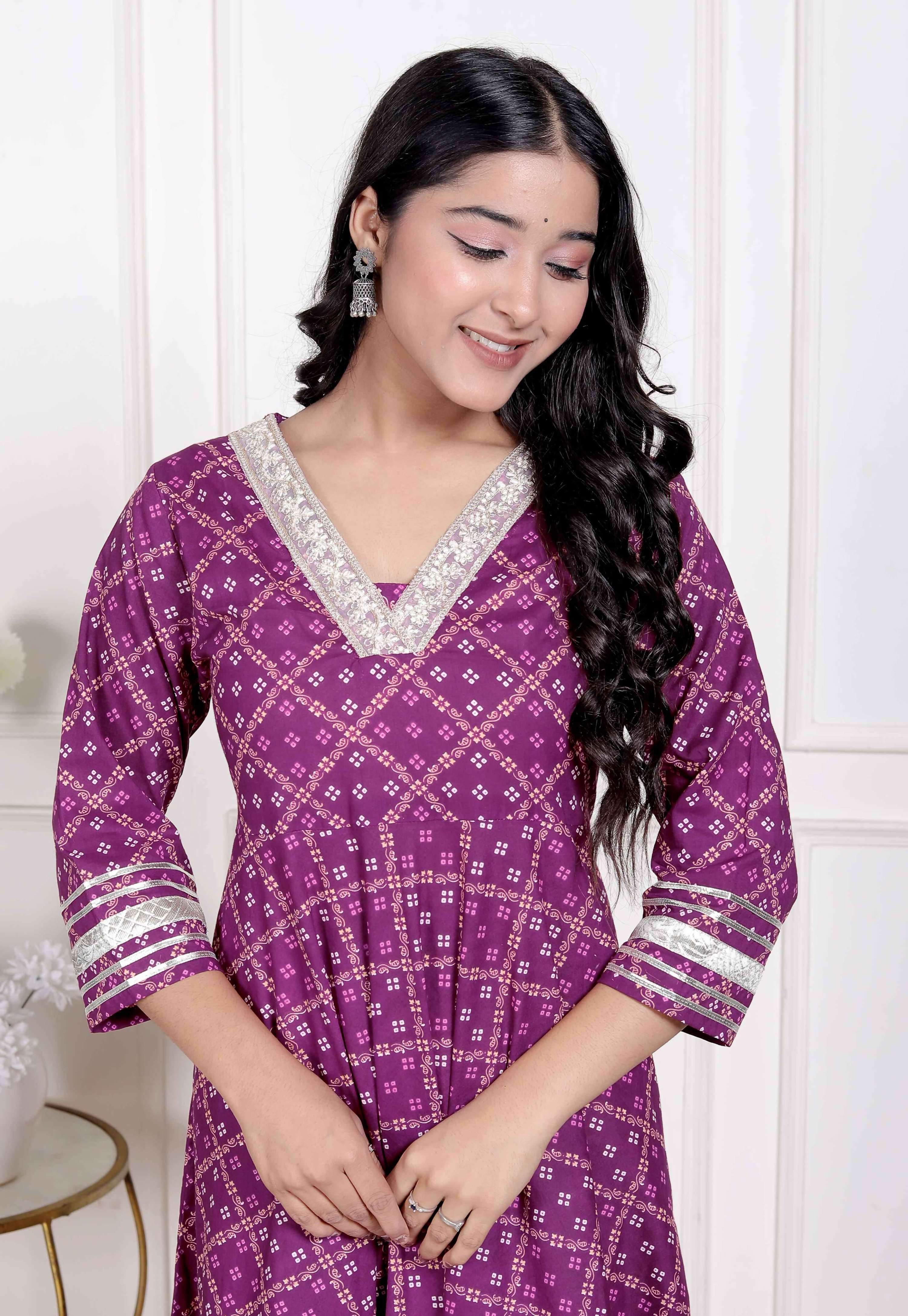 Miravan Women Cotton Magenta Gota lace and Embroidered Anarkali Kurta | Grocsy