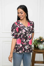 Myshka Women V-Neck Regular Sleeves Viscose Rayon Black Floral Top | Grocsy