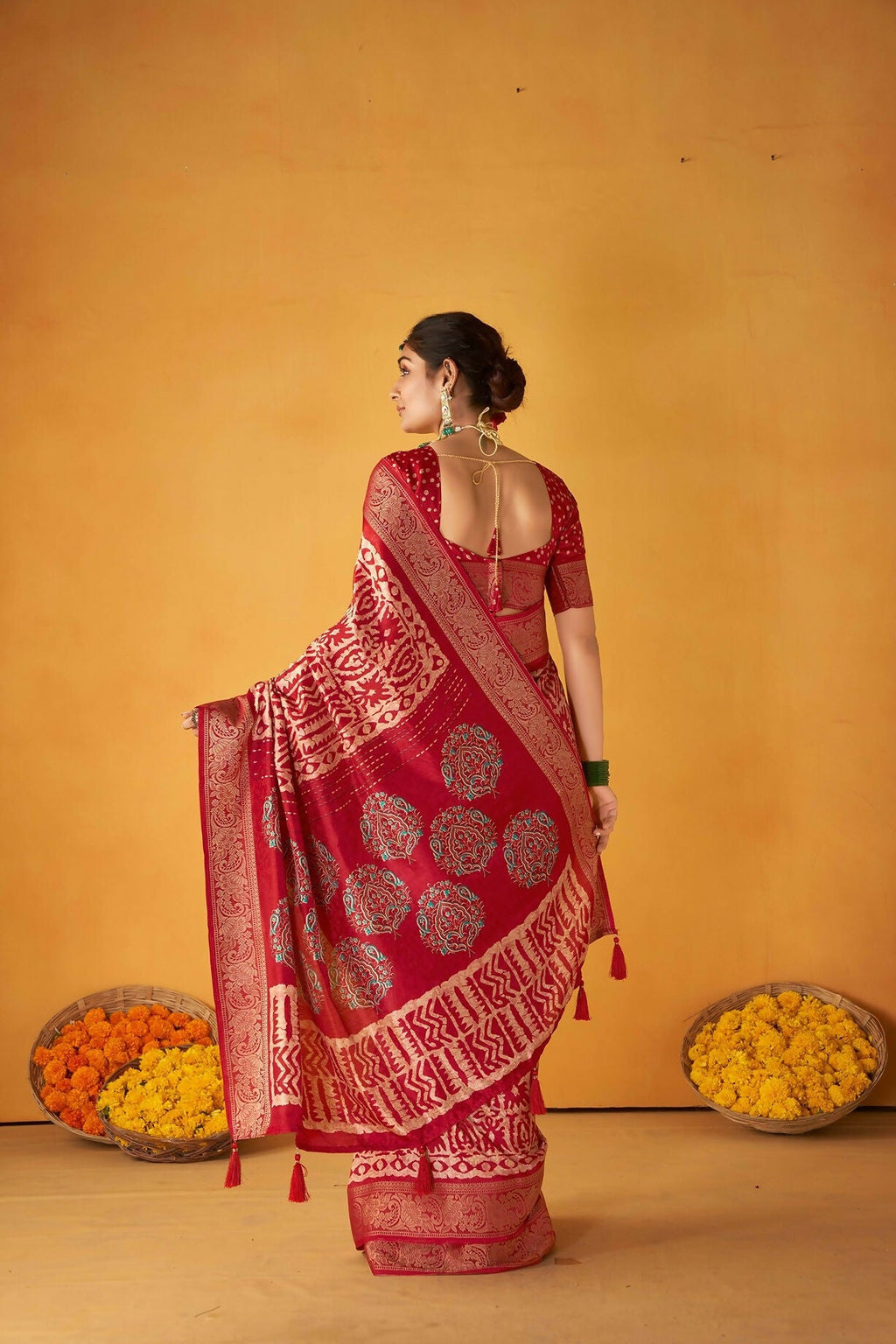 Joban Fashion Kashmiri Silk Zari Border Red Work Saree | Grocsy