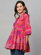 Pink Cotton Geometric Printed A-line Top - Bosky | Grocsy