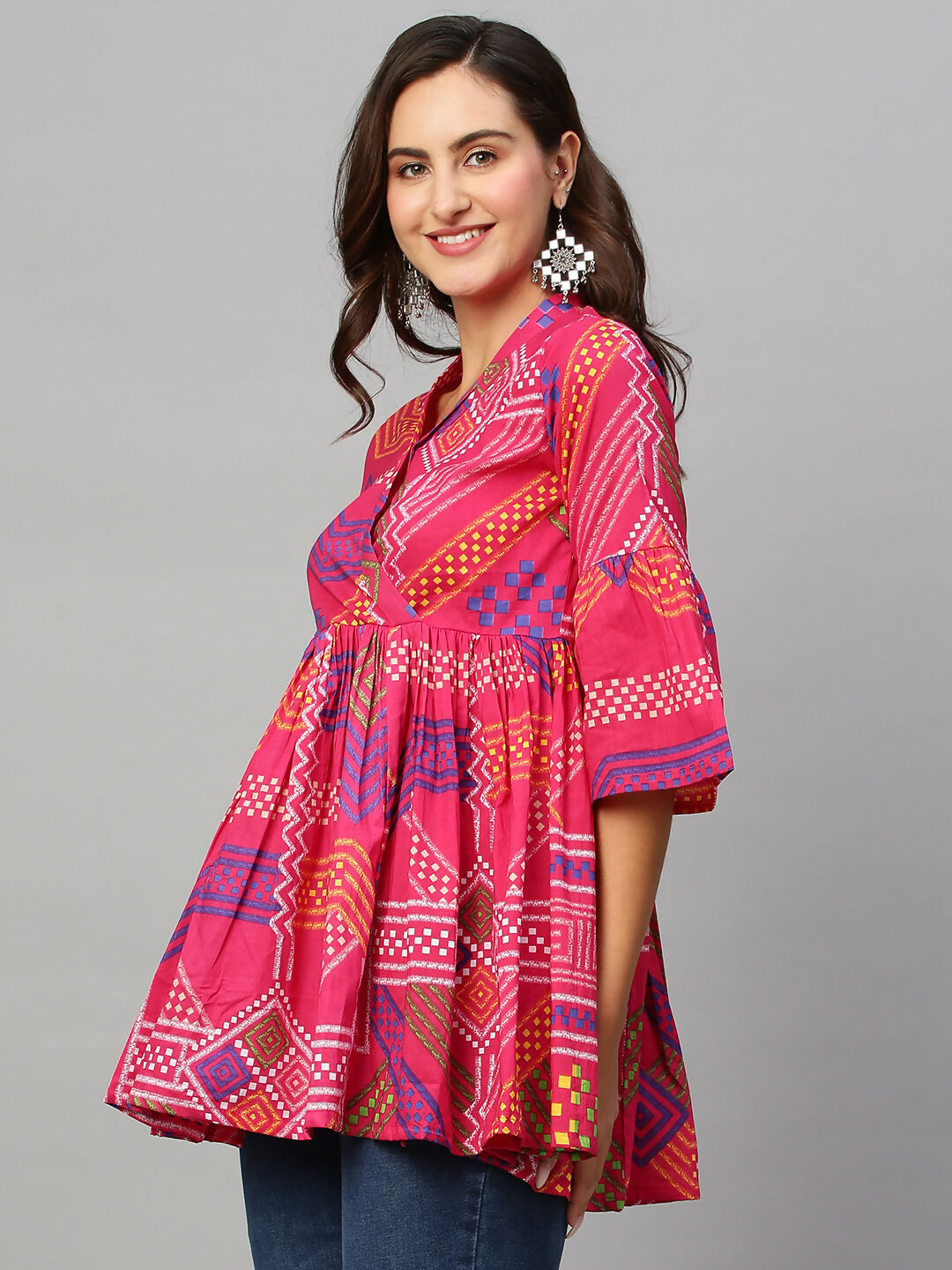 Pink Cotton Geometric Printed A-line Top - Bosky | Grocsy