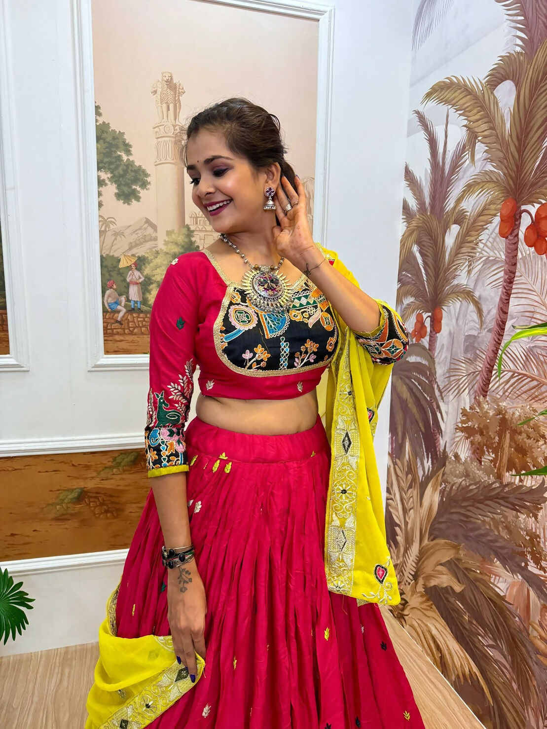 Teeya Creation Rani Colour Rayon Silk Embroidery Work Fully Stitched Navratri Lehenga | Grocsy