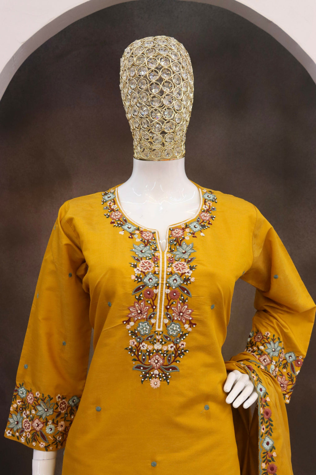 Anaita Mustard Simar with Embroidery Multi & Zarkhan Work Readymade Palazzo suit | Grocsy