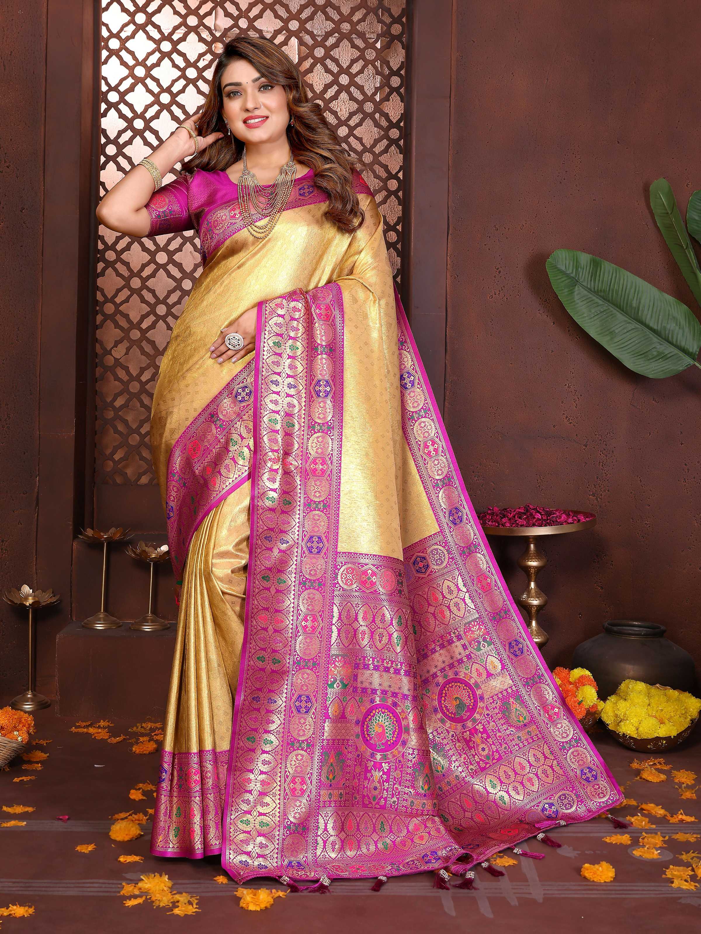 Aastha Fashion Yellow Tissue Silk Weaving Saree | Grocsy
