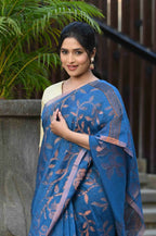 Beatitude Blue Cotton Floral Jamdani Saree | Grocsy