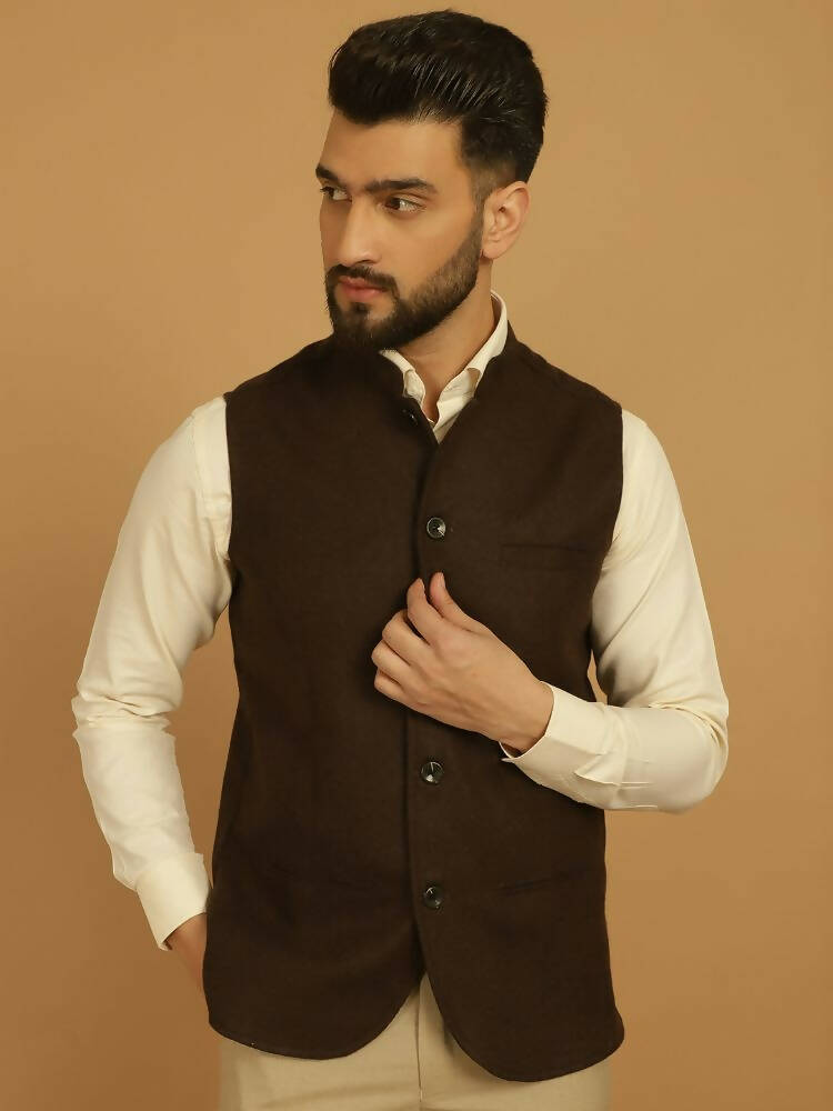 Even Apparels Pure Wool Nehru Jacket - Brown | Grocsy