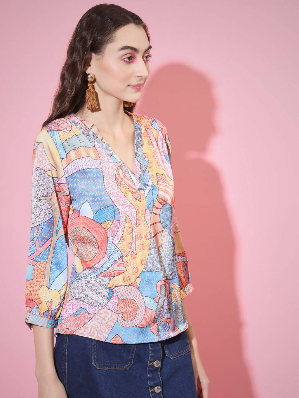 Myshka Women's Multi Printed V-Neck Top | Grocsy