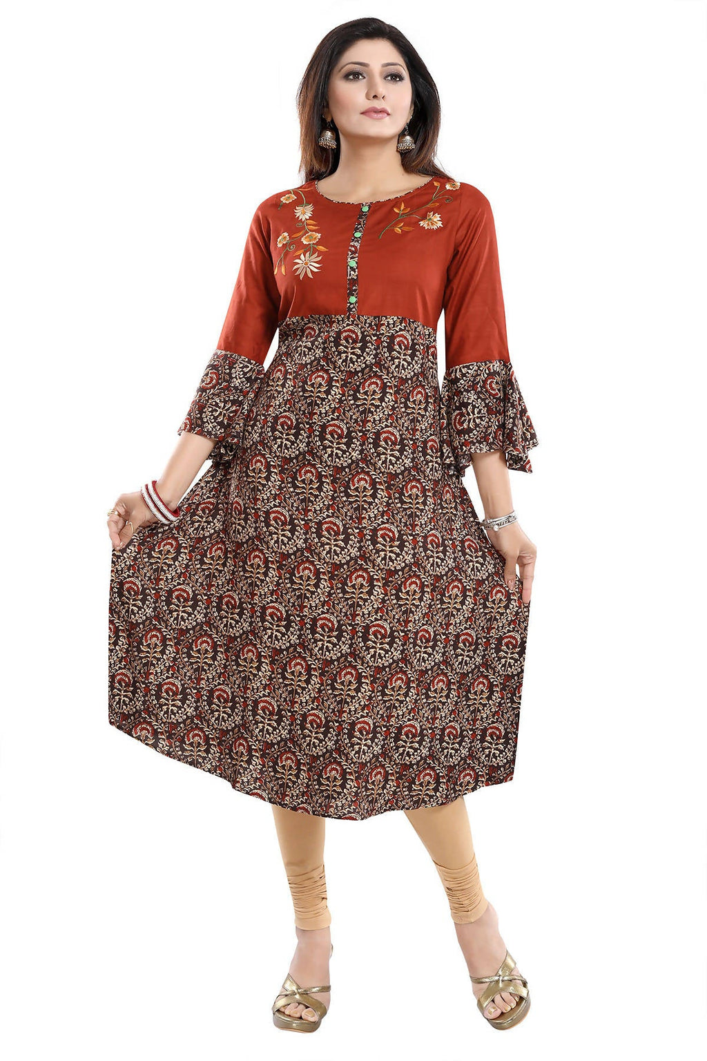 Snehal Creations Rust Rayon Printed Flared Long Tunic | Grocsy