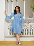 Juniper Women's Blue Thread Embroidered Cotton Denim Dress | Grocsy