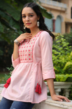 Juniper Women's Peach Cotton Dobby Solid Embroidered Straight Tunic | Grocsy