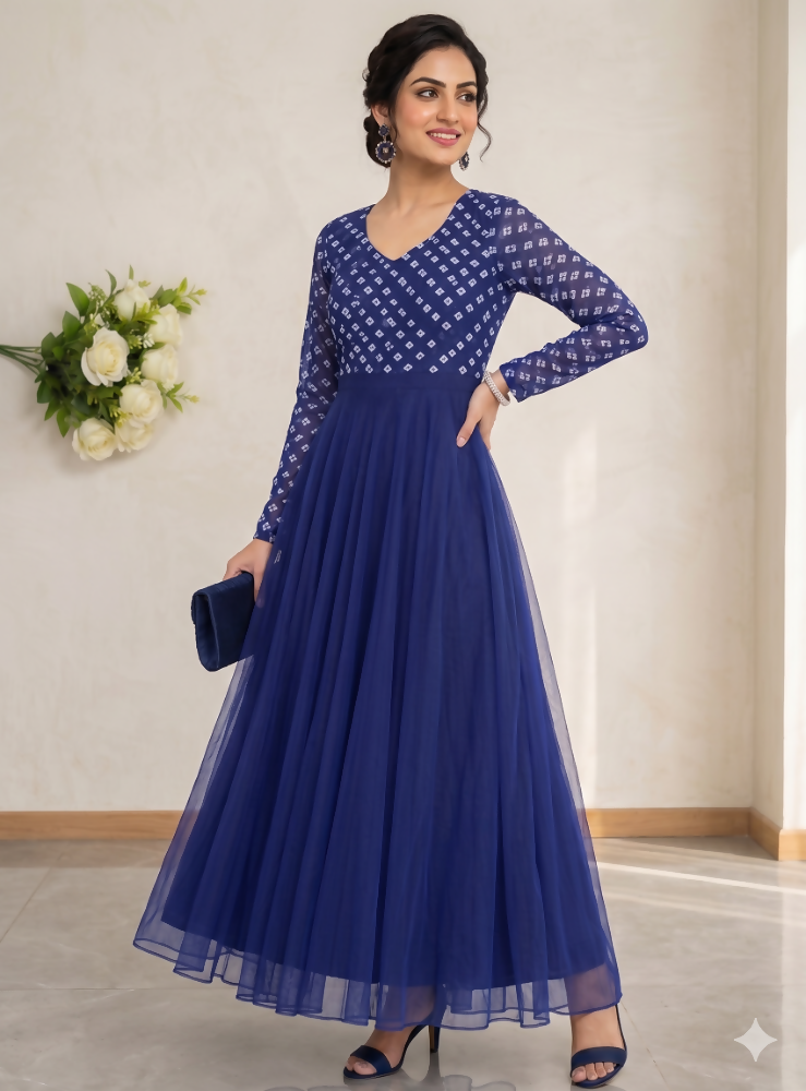 Teeya Creation Women's Royal Blue Bandhani Print Anarkali Gown | Grocsy