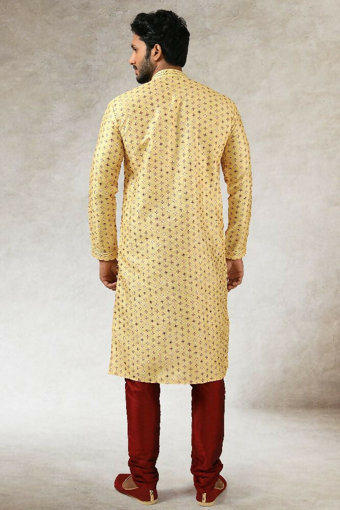 Raivat Ethnic Art Silk Printed Work Kurta Pajama In Yellow Colour | Grocsy