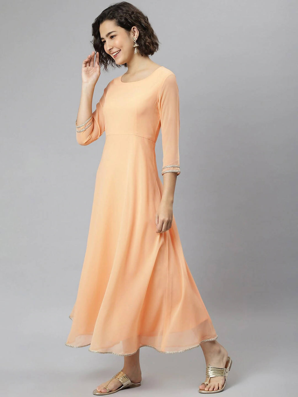 Janasya Women Peach-Coloured Flared Sleeves Georgette Anarkali Kurta | Grocsy