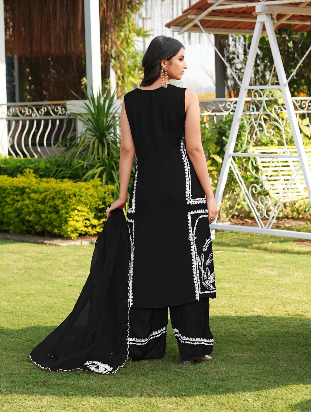 Nikhaar Black Embroidered Modal Silk Stitched Straight Cut Kurta Culottes Dupatta Readymade Suit | Grocsy