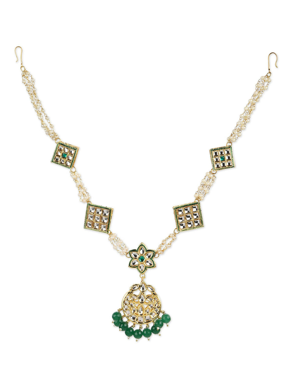 Gold-Polished White Green Kundan-Studded Pearl Beaded Matha Patti - Ruby Raang | Grocsy