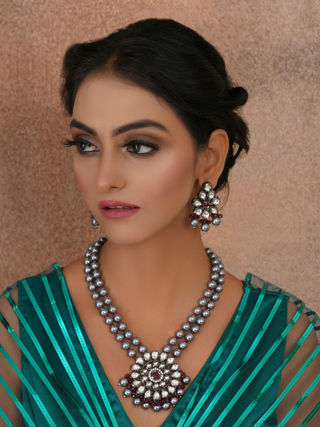 Long Kundan Neckpiece with Earrings with Multi Stones Jewellery Set (Grey) - Ruby Raang | Grocsy