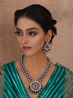 Long Kundan Neckpiece with Earrings with Multi Stones Jewellery Set (Grey) - Ruby Raang | Grocsy
