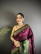 Joban Fashion Wine Banarasi Soft Silk Woven Butti Saree | Grocsy