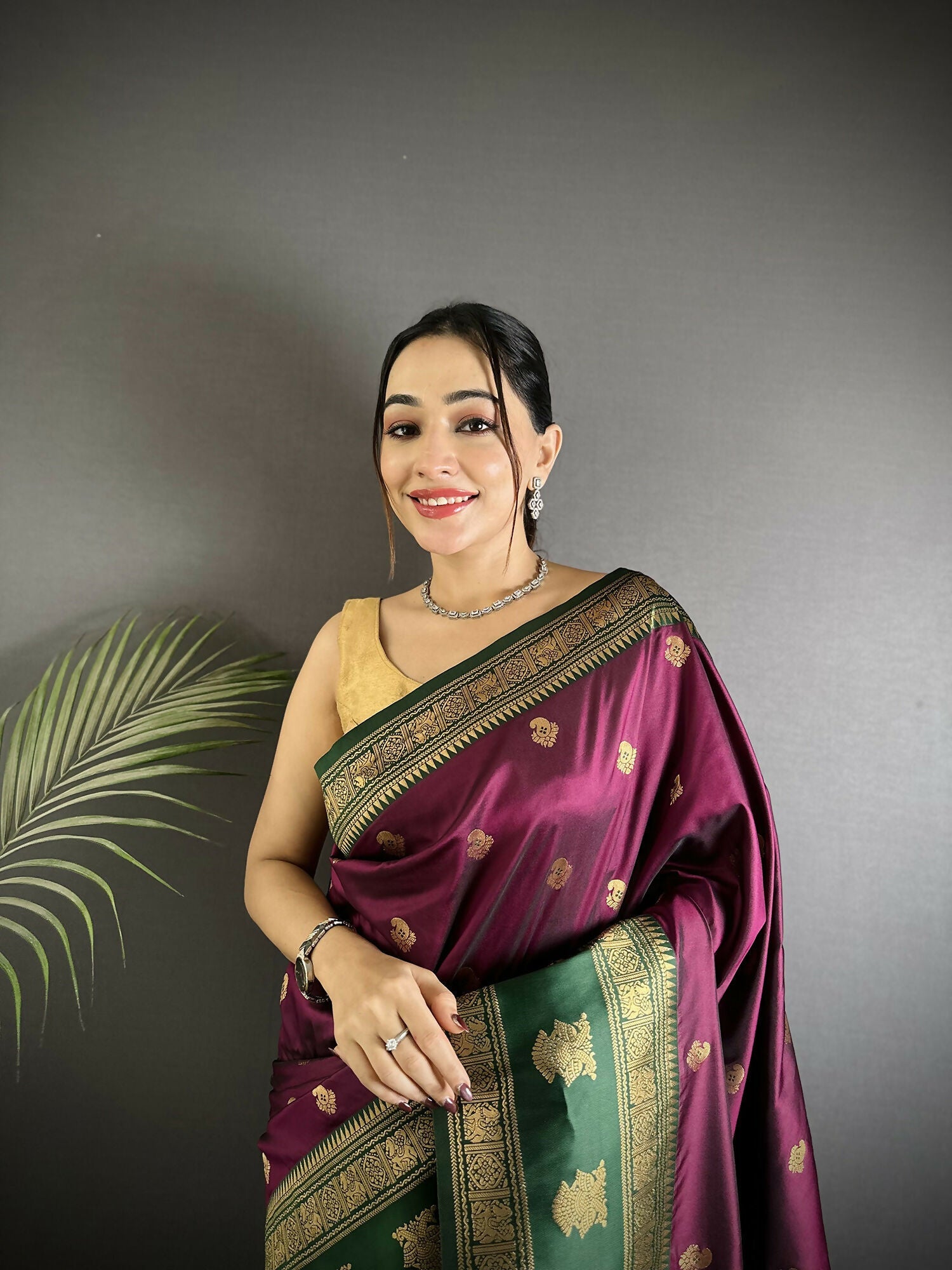 Joban Fashion Wine Banarasi Soft Silk Woven Butti Saree | Grocsy