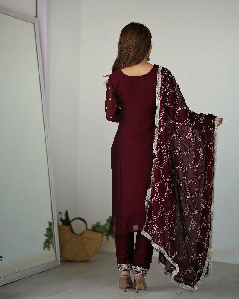 Joban Fashion Wine Kurta Set Silk Sequence Embroidery Work | Grocsy
