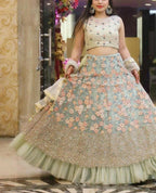 Jyoti Fashion Sea Green 3mm with Thread and Jari Embroidery Net Lehenga Choli with Dupatta | Grocsy