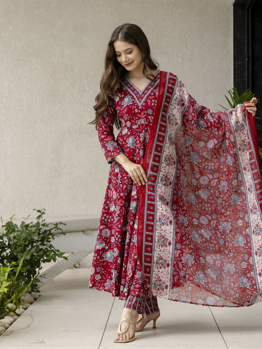The52 Maroon Women's Gorgeous Rayon Fabric Printed Work Flared Kurta, Pant and Dupatta Set | Grocsy
