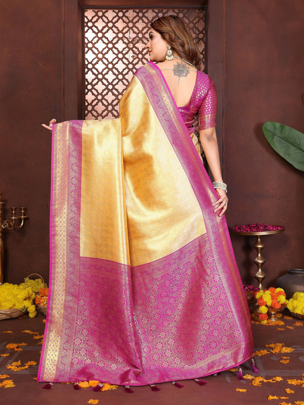 Aastha Fashion Cream Tissue Silk Woven Saree | Grocsy