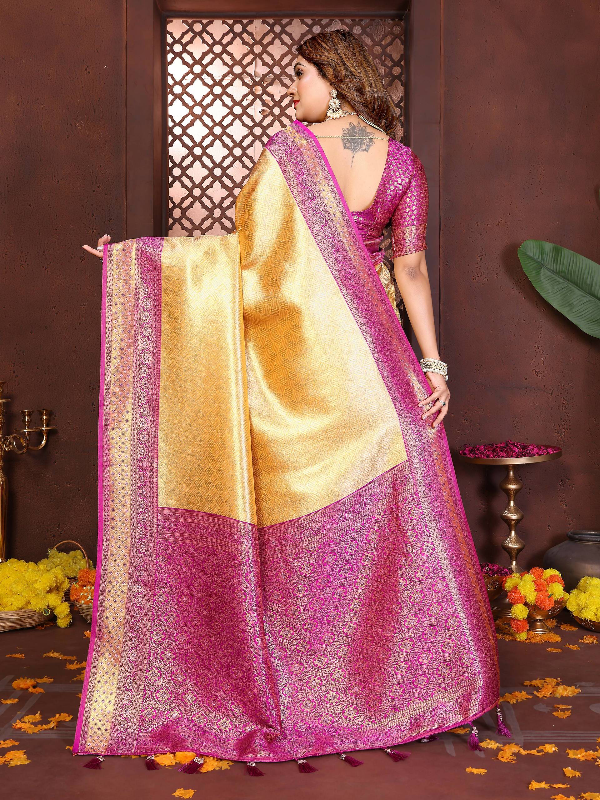 Aastha Fashion Cream Tissue Silk Woven Saree | Grocsy