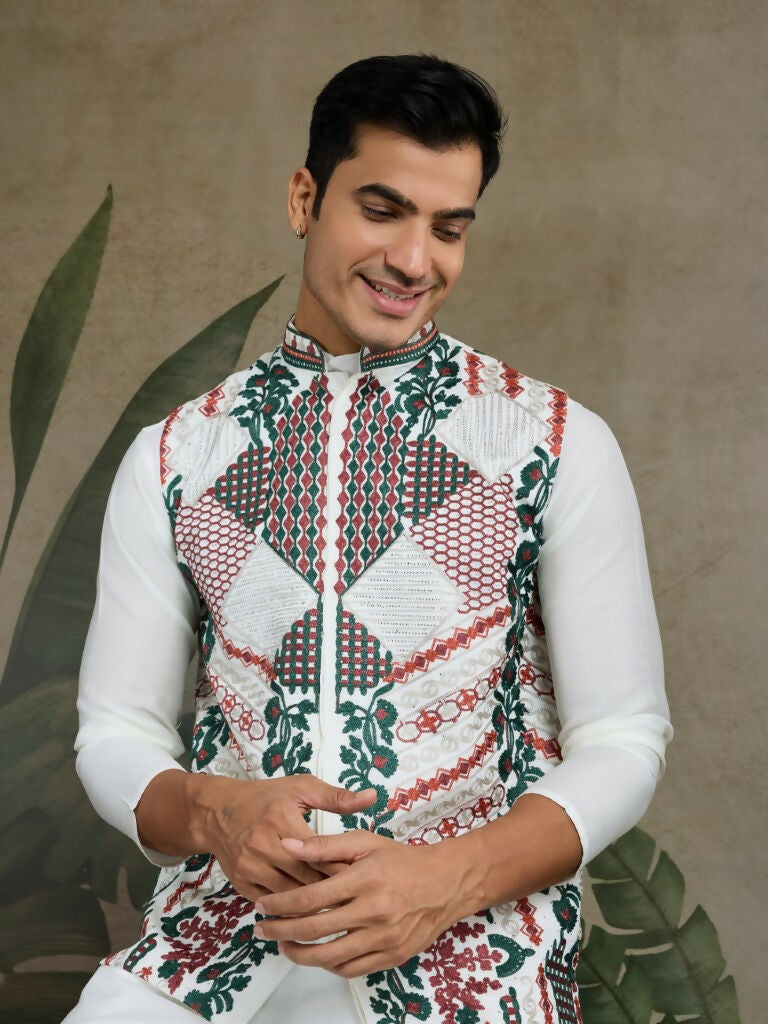 Vastranavya White Exclusive Festival Viscose Silk Thread & Swarovski Embroidered Work Mens Wear Kurta & Koti | Grocsy
