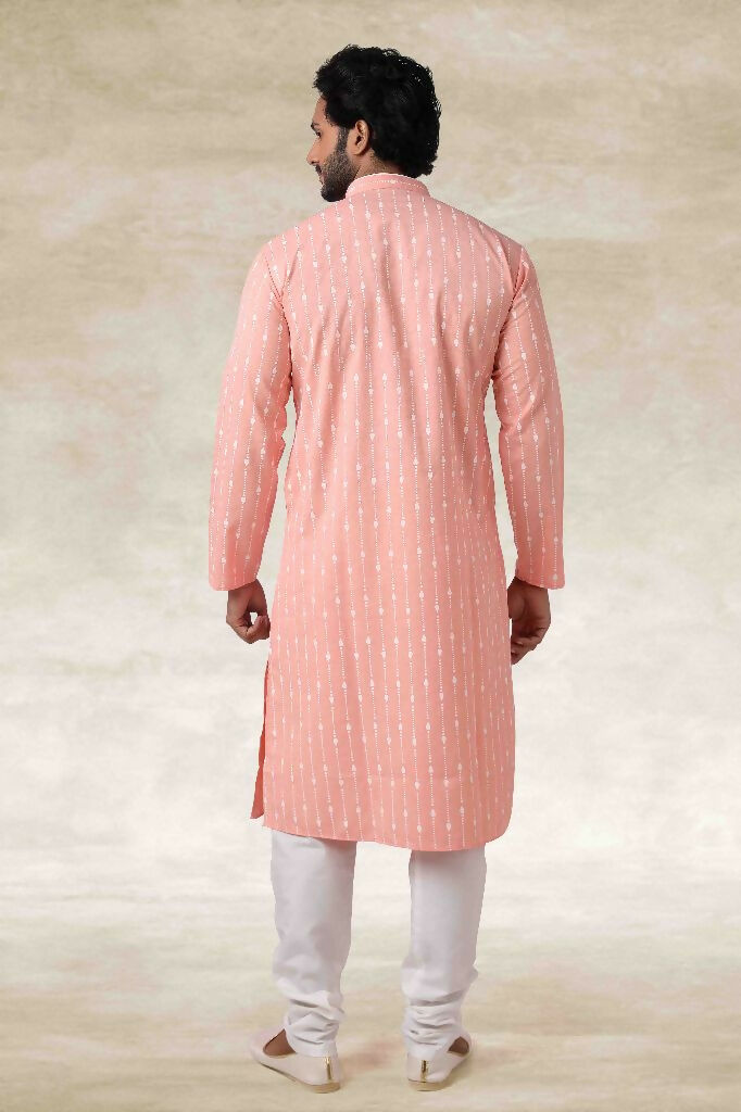 Raivat Ethnic Cotton Printed Work Kurta Pajama In Pink Colour | Grocsy