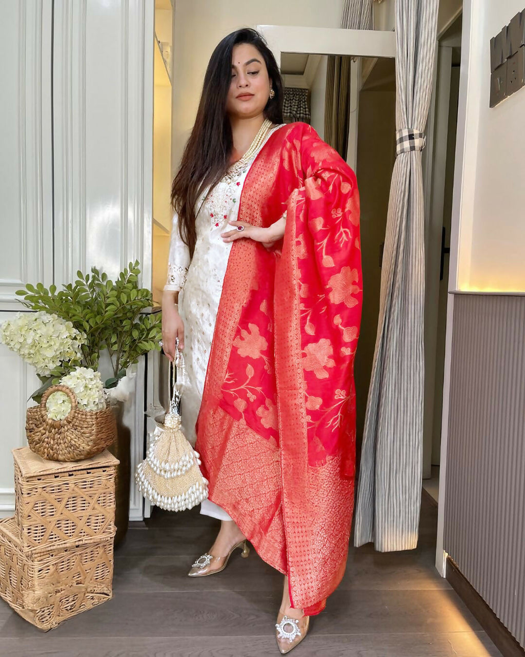 The52 White Women's Beautiful Chanderi Jacquard Fabric Embroidered Work Straight Kurta Pant and Dupatta Set | Grocsy