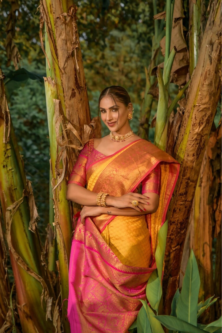 Jyoti Fashion Women's Yellow Kanjivaram Silk Zari Woven Saree with Blouse | Grocsy