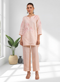 Joban Fashion Pink Linen Embroidered Readymade Cord Set | Grocsy