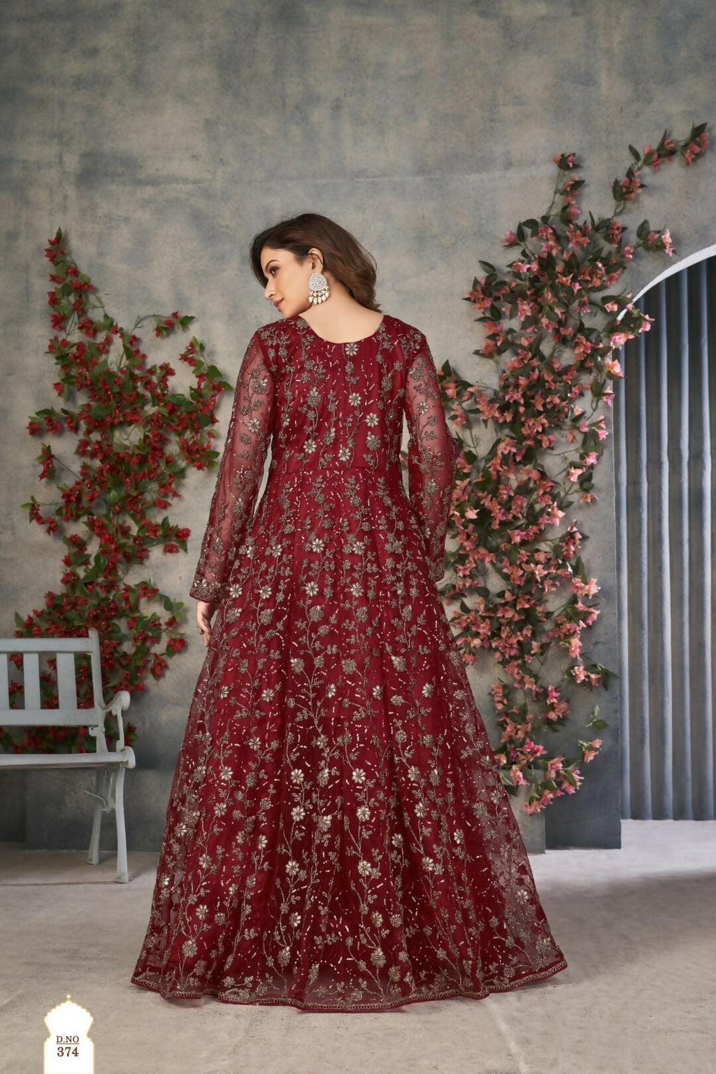 Anaita Maroon Embroidered Net Stitched Anarkali suit | Grocsy