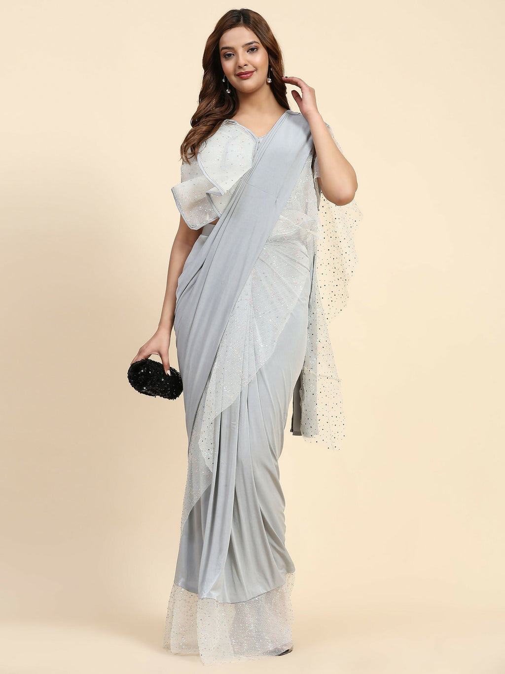 Light Grey Lycra Solid Ready to Wear Saree with stitched Blouse - Nita | Grocsy