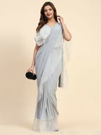 Light Grey Lycra Solid Ready to Wear Saree with stitched Blouse - Nita | Grocsy