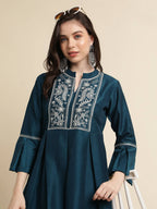 Teal Chinon Floral Embroidered Top with Bottom - Maanushi | Grocsy