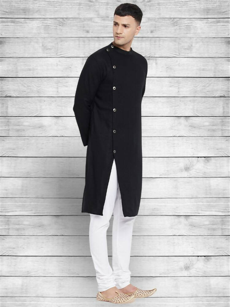 Even Apparels Black Cotton Linen Asymetrical Kurta - Black | Grocsy