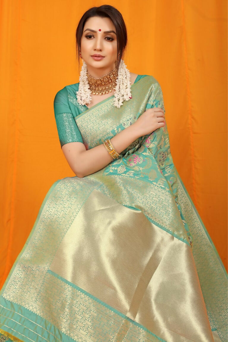 Jyoti Fashion Women's Sea Green Kanjivaram Silk Zari Woven Saree with Blouse | Grocsy