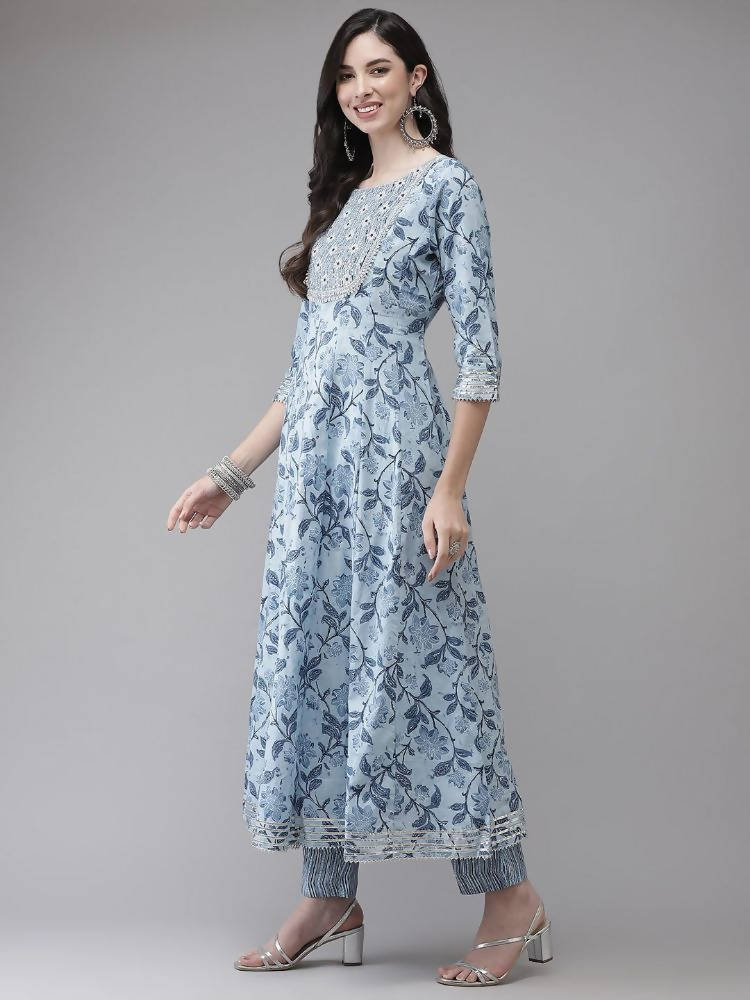 Yufta Women Blue Floral Printed Regular Pure Cotton Kurta with Trouser With Dupatta | Grocsy