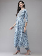Yufta Women Blue Floral Printed Regular Pure Cotton Kurta with Trouser With Dupatta | Grocsy