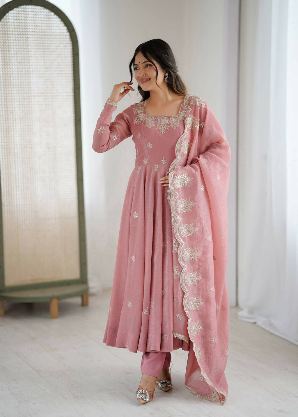Teeya Creation Peach Color Crunchy Silk Embroidery Work Wedding Wear Gown | Grocsy