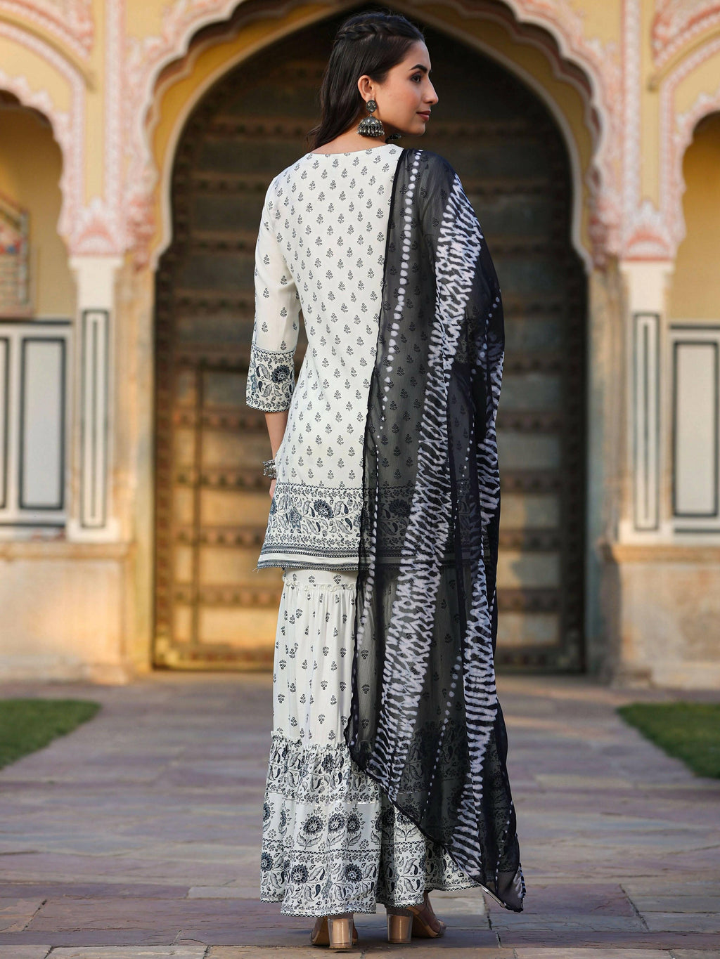 Juniper Women's Off White Rayon Floral Placement Kurta With Sharara And Dupatta Set | Grocsy