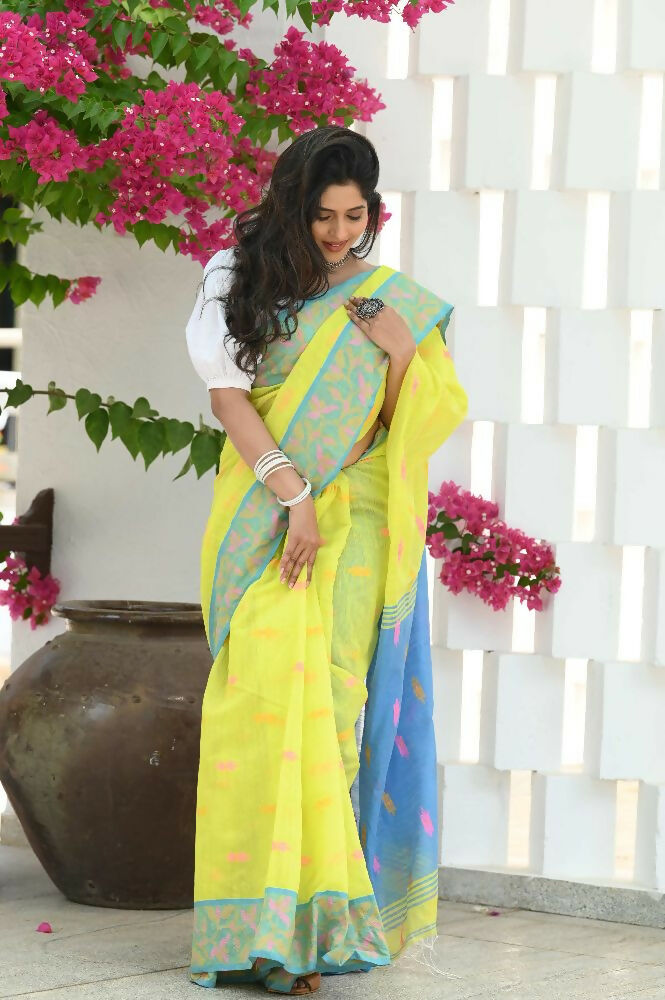 Beatitude Yellow Slub Cotton Floral Jamdani Saree | Grocsy