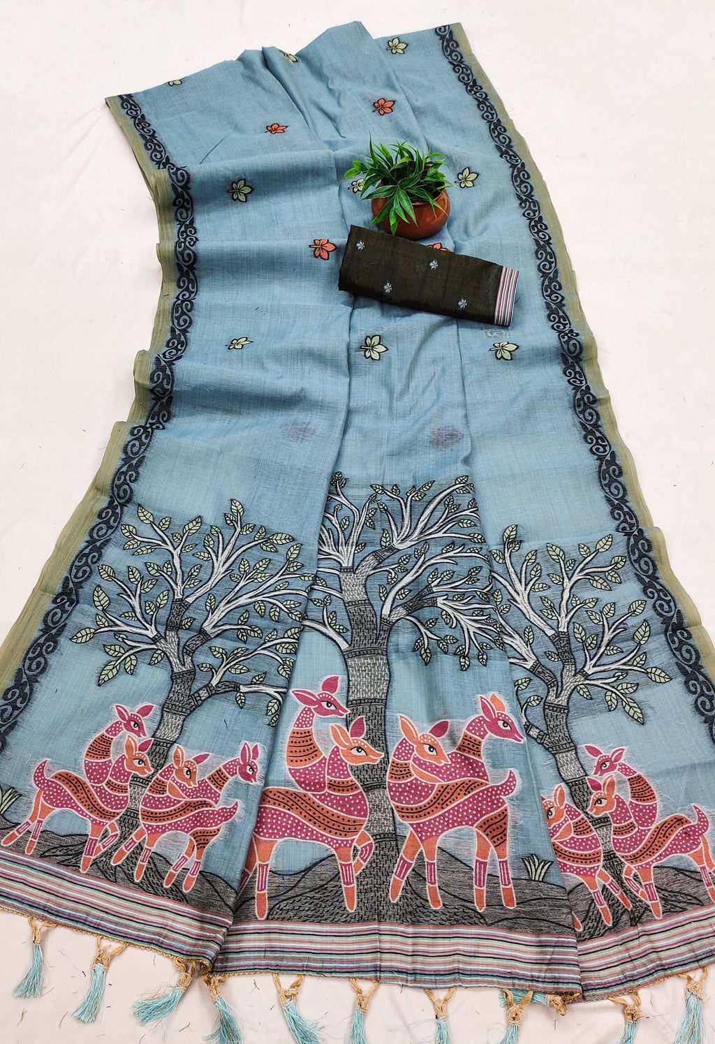 Vastranavya Sky Blue Muga Cotton Meenakari & Azarakh Pallu Saree with Contrast Blouse | Grocsy