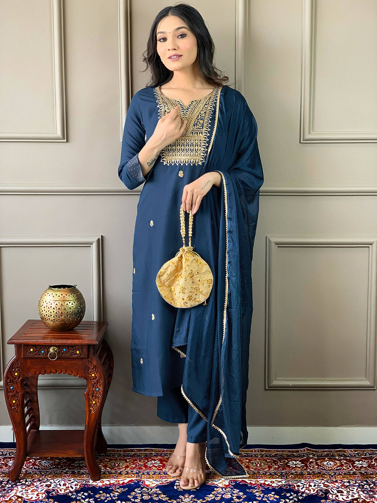 Partywear Designer Rayon Slub Blue Stitched Suit With Dupatta - Tanisha | Grocsy