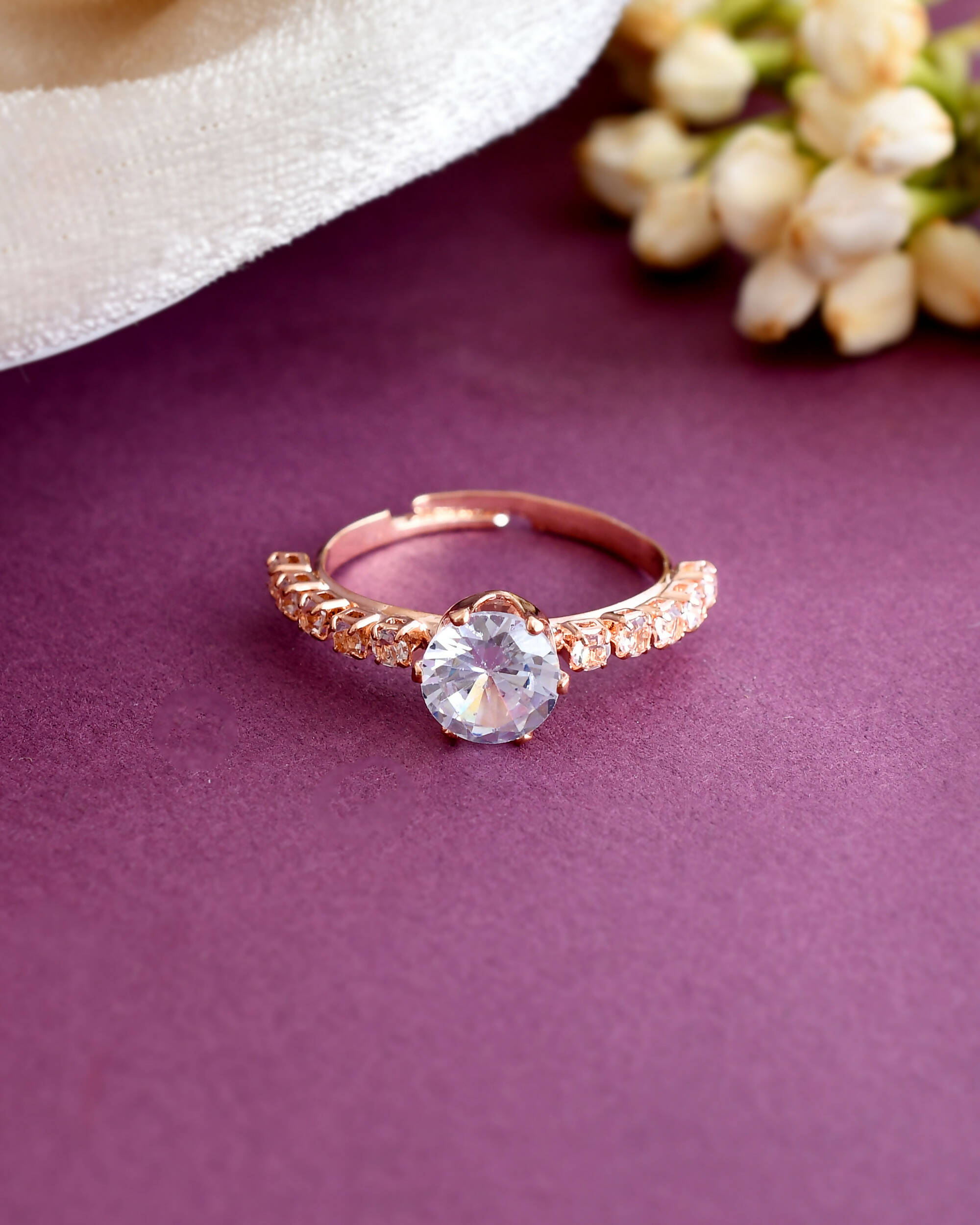 VOJ white CZ-detail Stainless Steel Cubic Zirconia Gold-Polished adjustable finger Ring | Grocsy