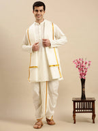 Ramraj Cotton Premium Wedding Cream Readymade Panchakacham,Kurta & Towel Set RP Jari | Grocsy