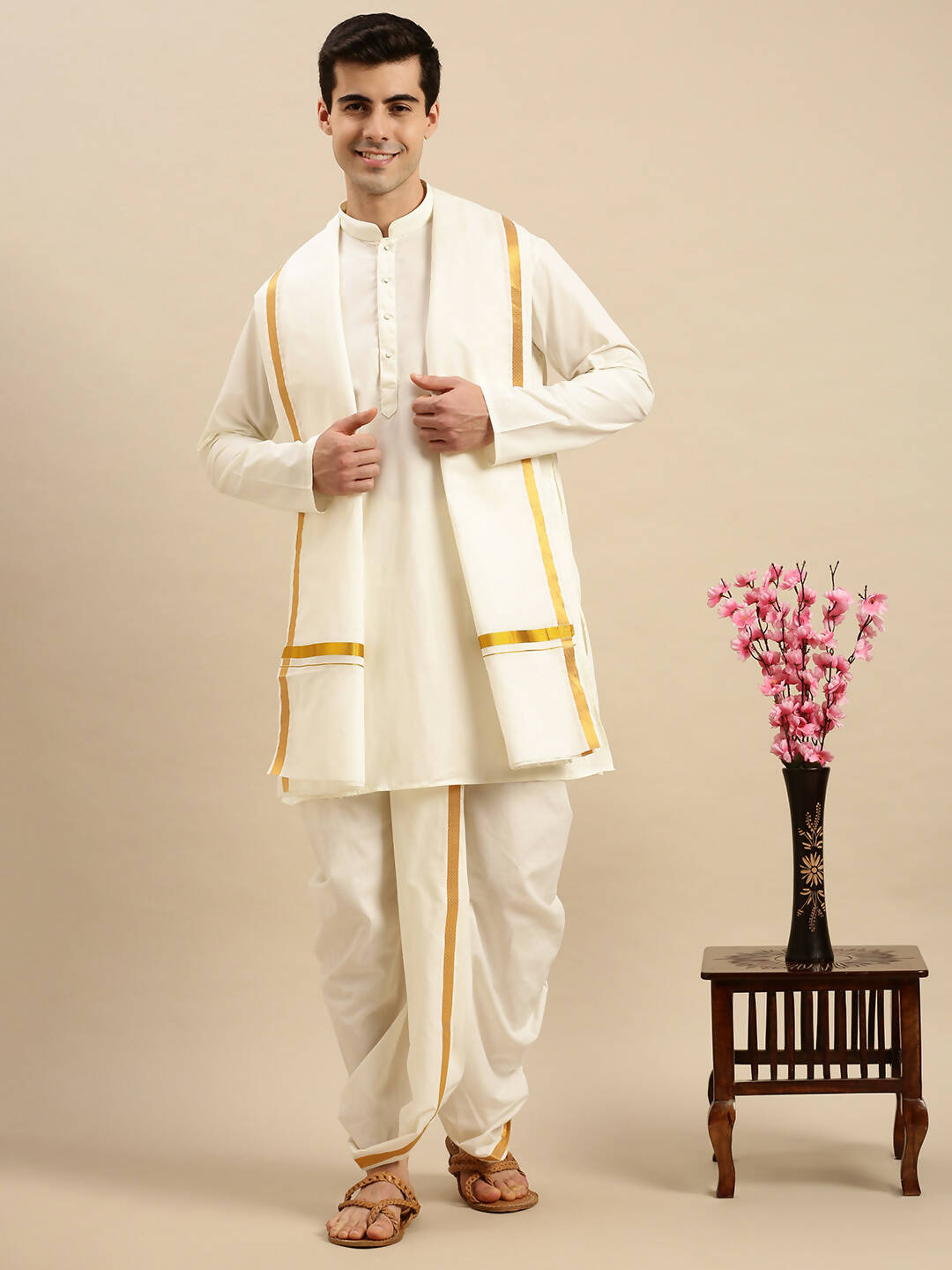 Ramraj Cotton Premium Wedding Cream Readymade Panchakacham,Kurta & Towel Set RP Jari | Grocsy